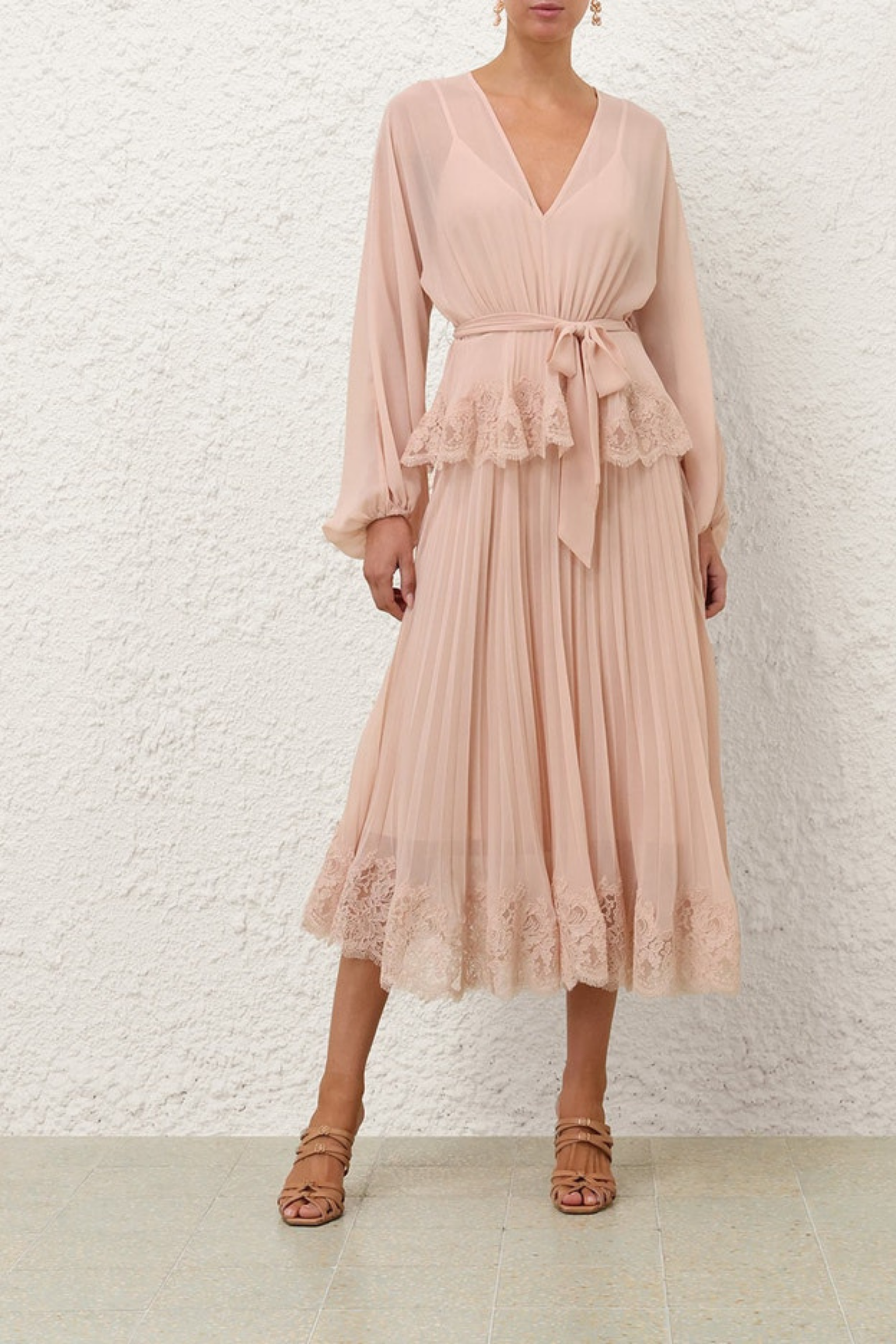 PLEATED LACE MIDI DRESS