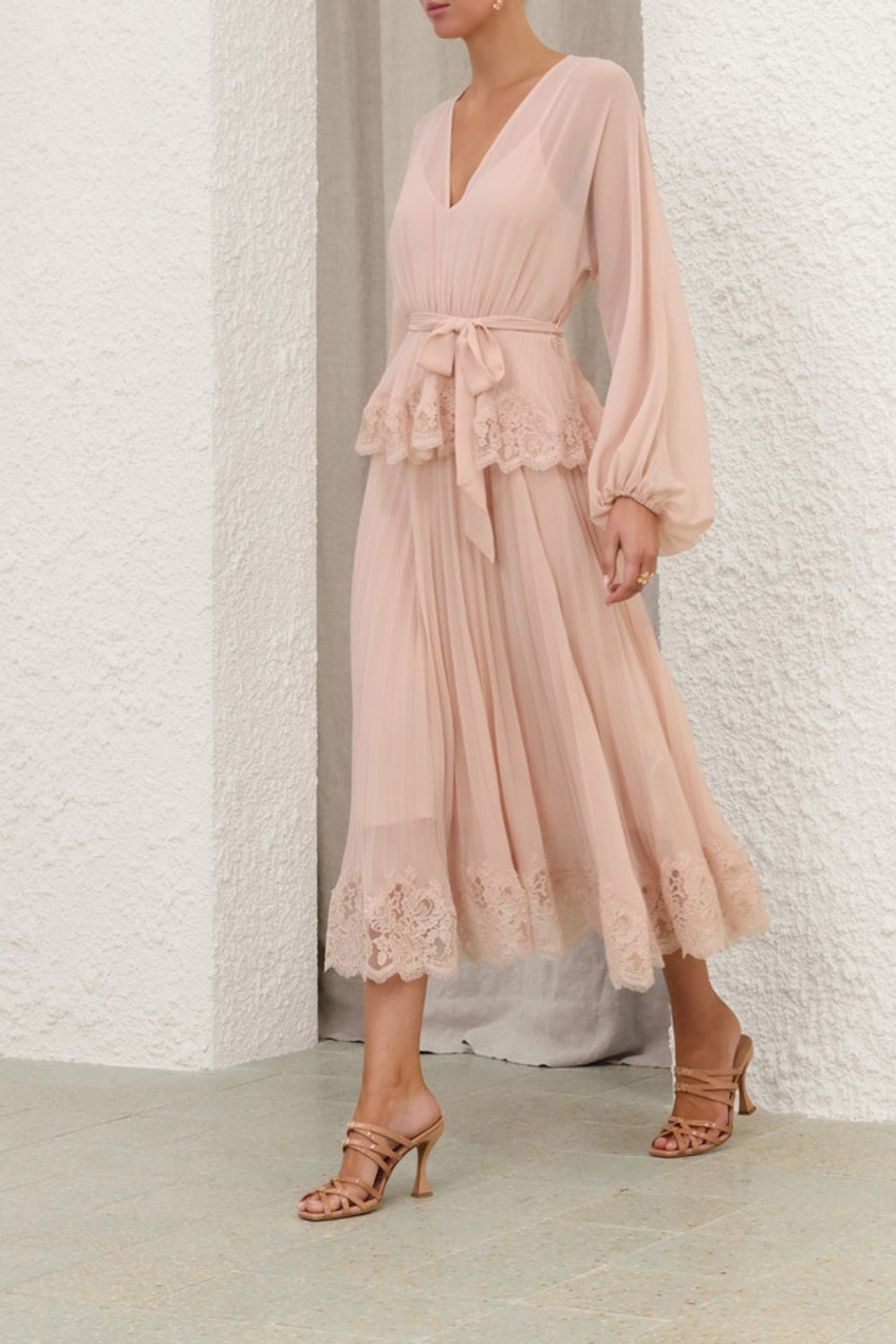 PLEATED LACE MIDI DRESS