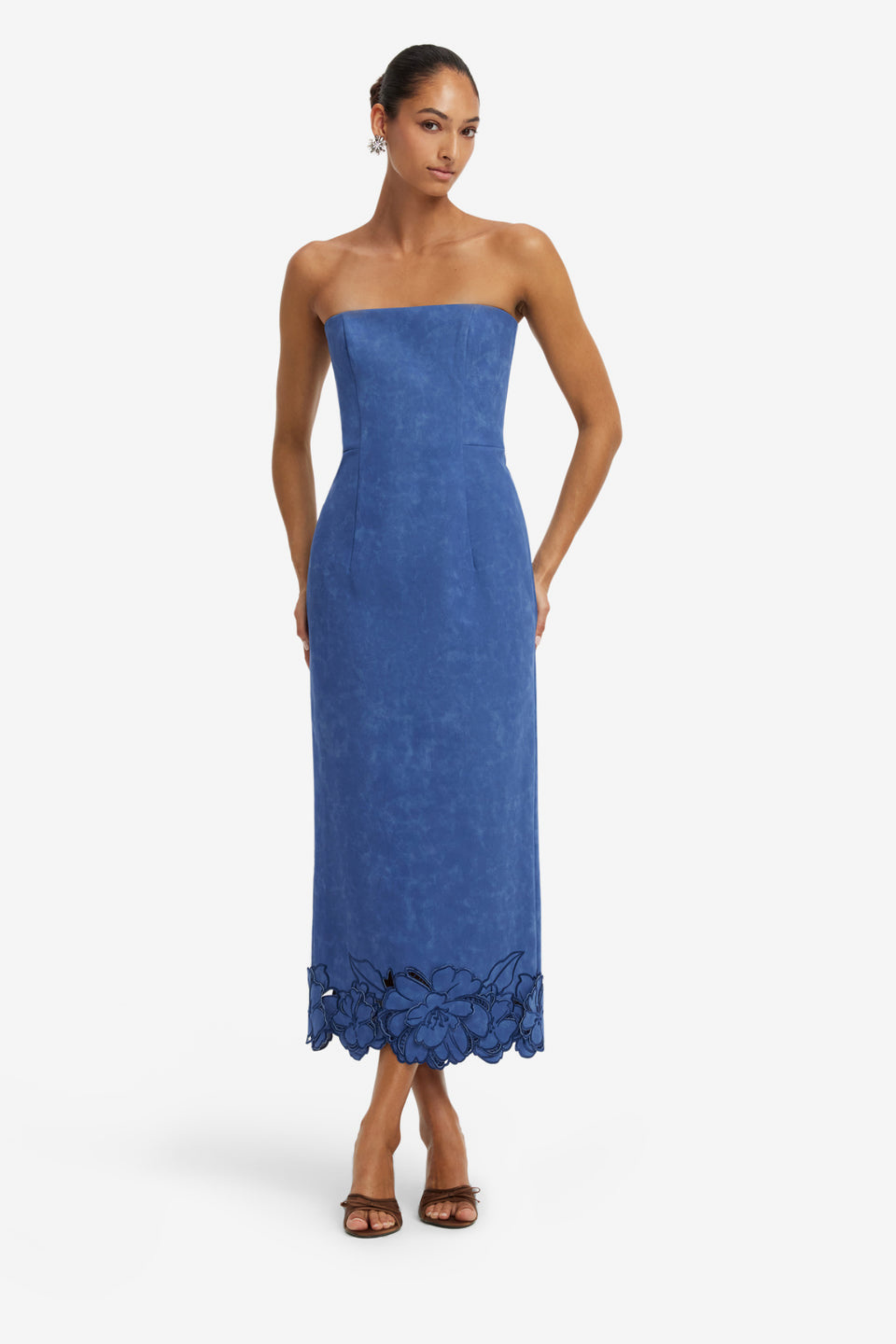 RAYNA APPLIQUE VEGAN SUEDE BUSTIER MAXI DRESS