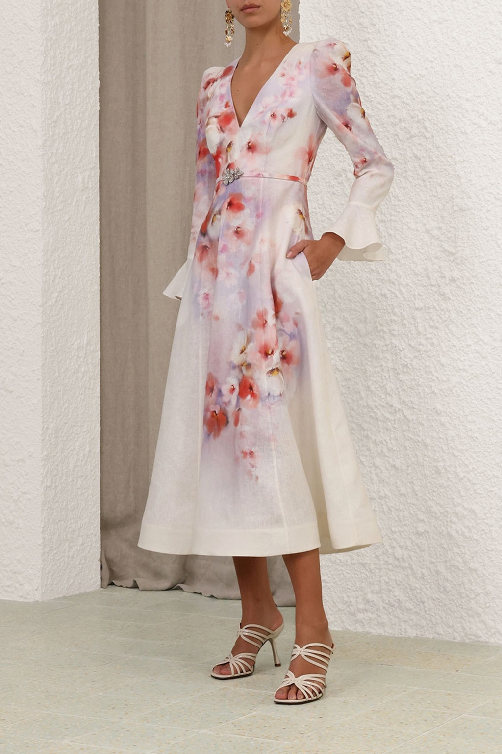 CRUSH FRILL SLEEVED MIDI
