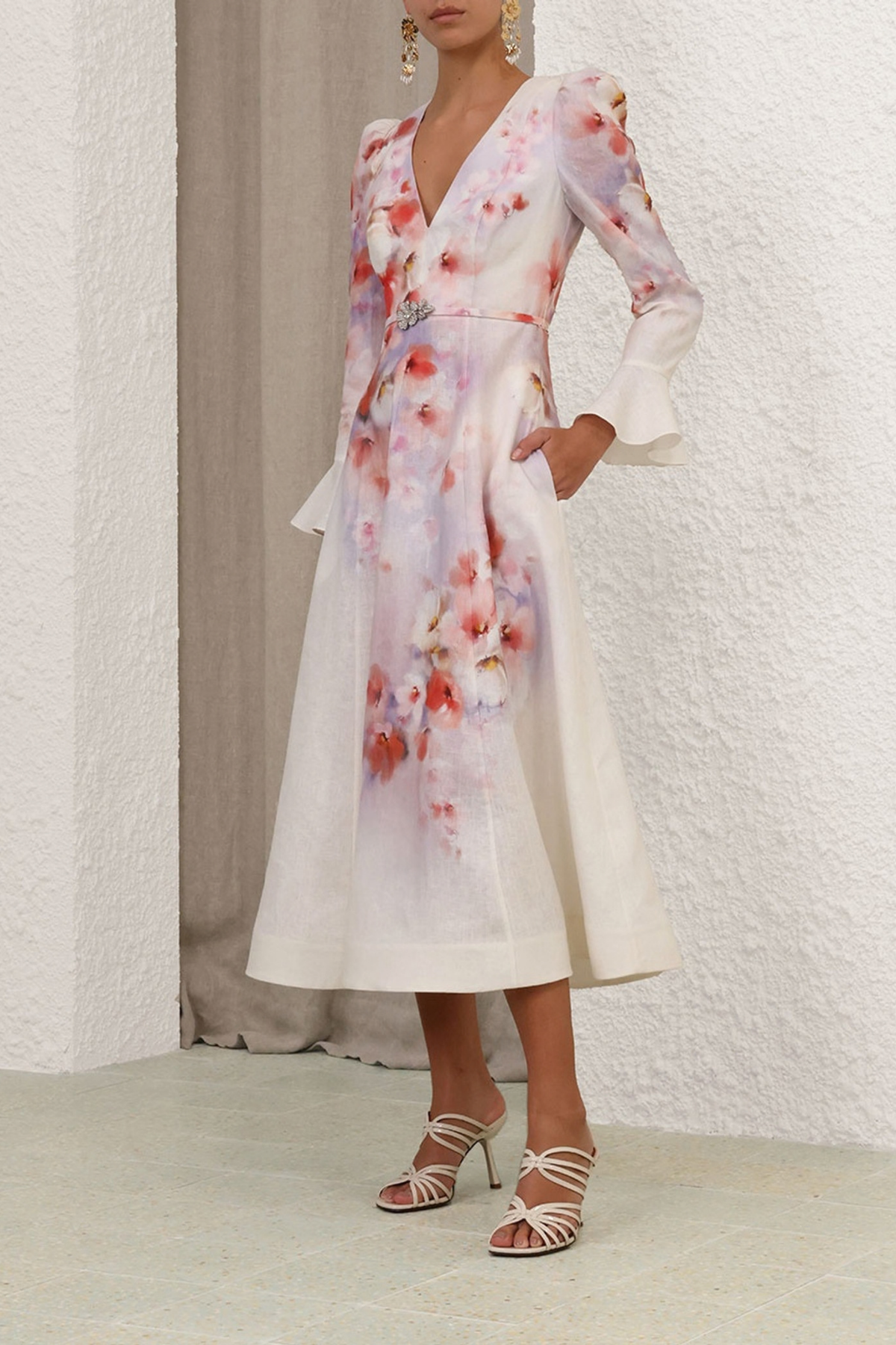 CRUSH FRILL SLEEVED MIDI