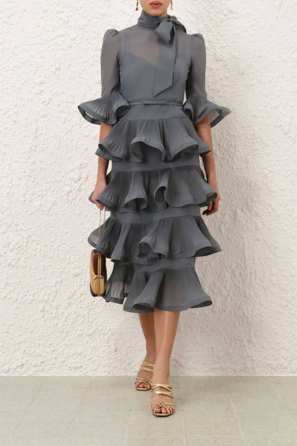 PLEATED SLEEVED MIDI DRESS
