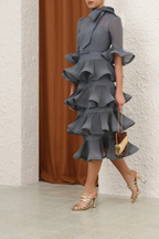 PLEATED SLEEVED MIDI DRESS