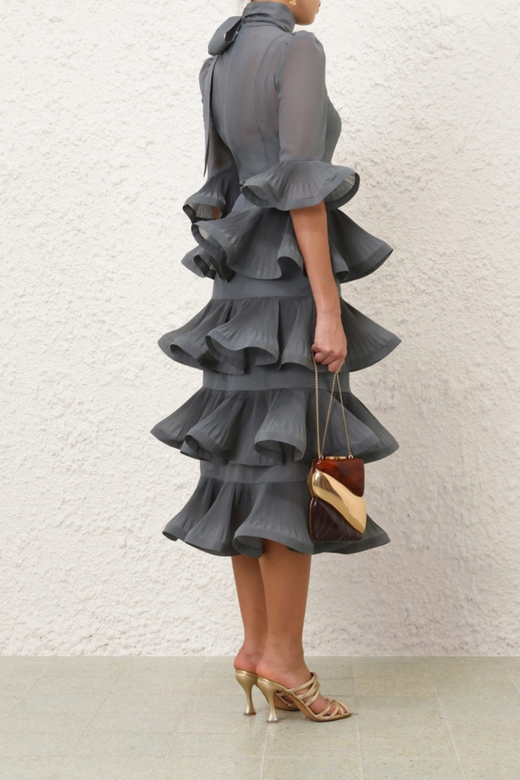 PLEATED SLEEVED MIDI DRESS