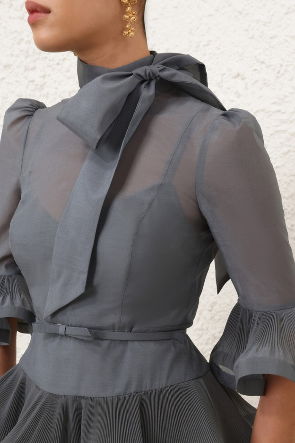 PLEATED SLEEVED MIDI DRESS