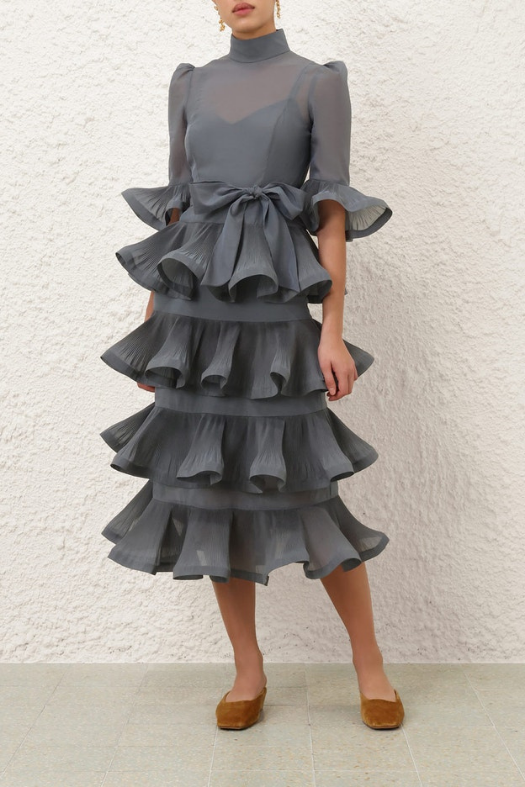 PLEATED SLEEVED MIDI DRESS